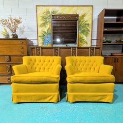 Vintage Tufted Yellow Lounge Chairs