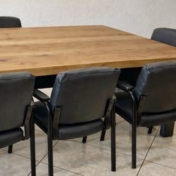 Custom 8’ Solid Wood Dining Table + 6 Upholstered Armchairs