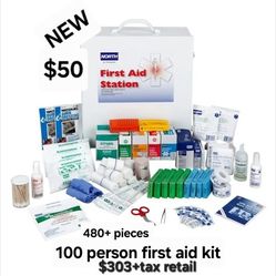New 100 Person First Aid Cabinet ,  Over 480 Pieces  $303+tax Retail Price 