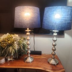 2 Table side Lamps Silver Metal Base Blue Screens