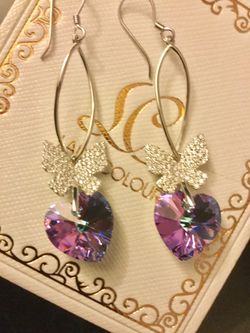 💛💜💛 See photos for details . Lovely Swarovski Crystal Heart earrings / Amethyst Gemstone Sterling silver earrings NEW *