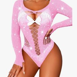 Light Pink Rave Outfits , Rhinestone Bodysuit Fits 0-16, Exotic Dancer Sexy Tops, Fishnet Stripper Plus Size Lingerie