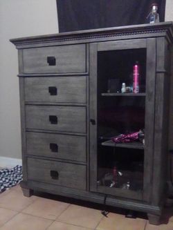 Gray Wood Dresser with Glass Door Cabinet