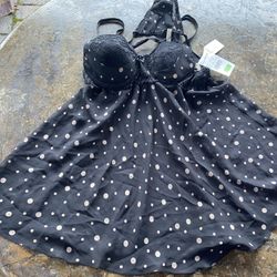 NWT SEARS SEXY BE WICKED SHEER Black Gold POLKA dot Padded bra flyaway BABYDOLL mini DRESS with matching  g-string!!