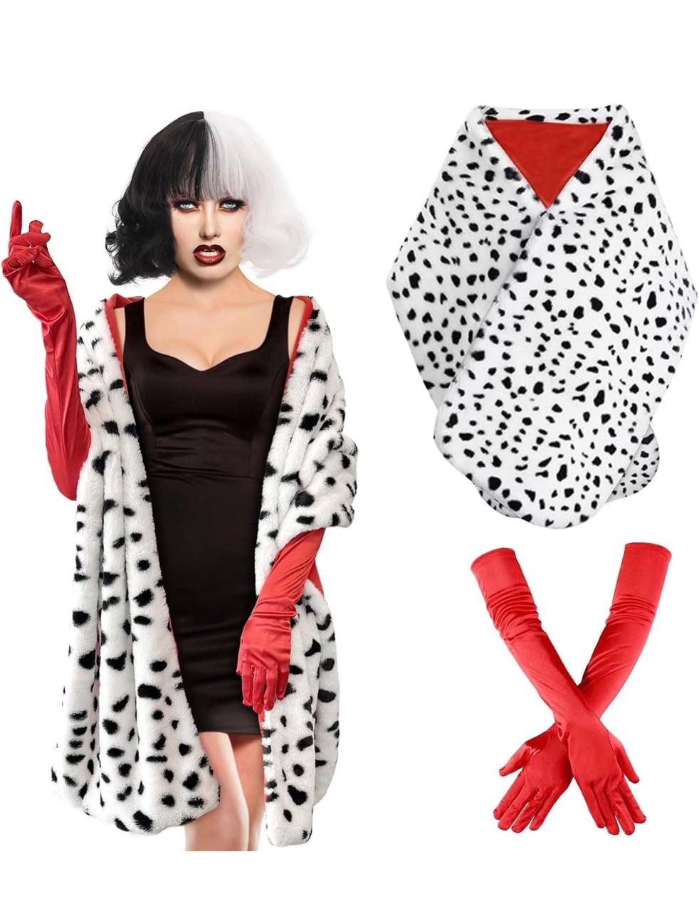 2 pcs Halloween Costume for Women, Dalmatian Shawl with 1920s Red Gloves for Halloween Cosplay Party