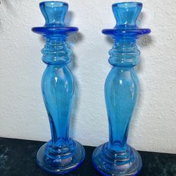 AMAZING Vintage Sky Blue Glass Candle Holders 