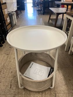 SONGMICS Small Side End Table Round 2 Tier Nightstand U Shaped Steel Legs w/ Basket - Matte White / Camel Brown
