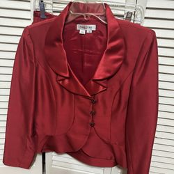 Red silk detailed styled Kay Unger dress suit size 6 jeweled buttons and straight skirt.