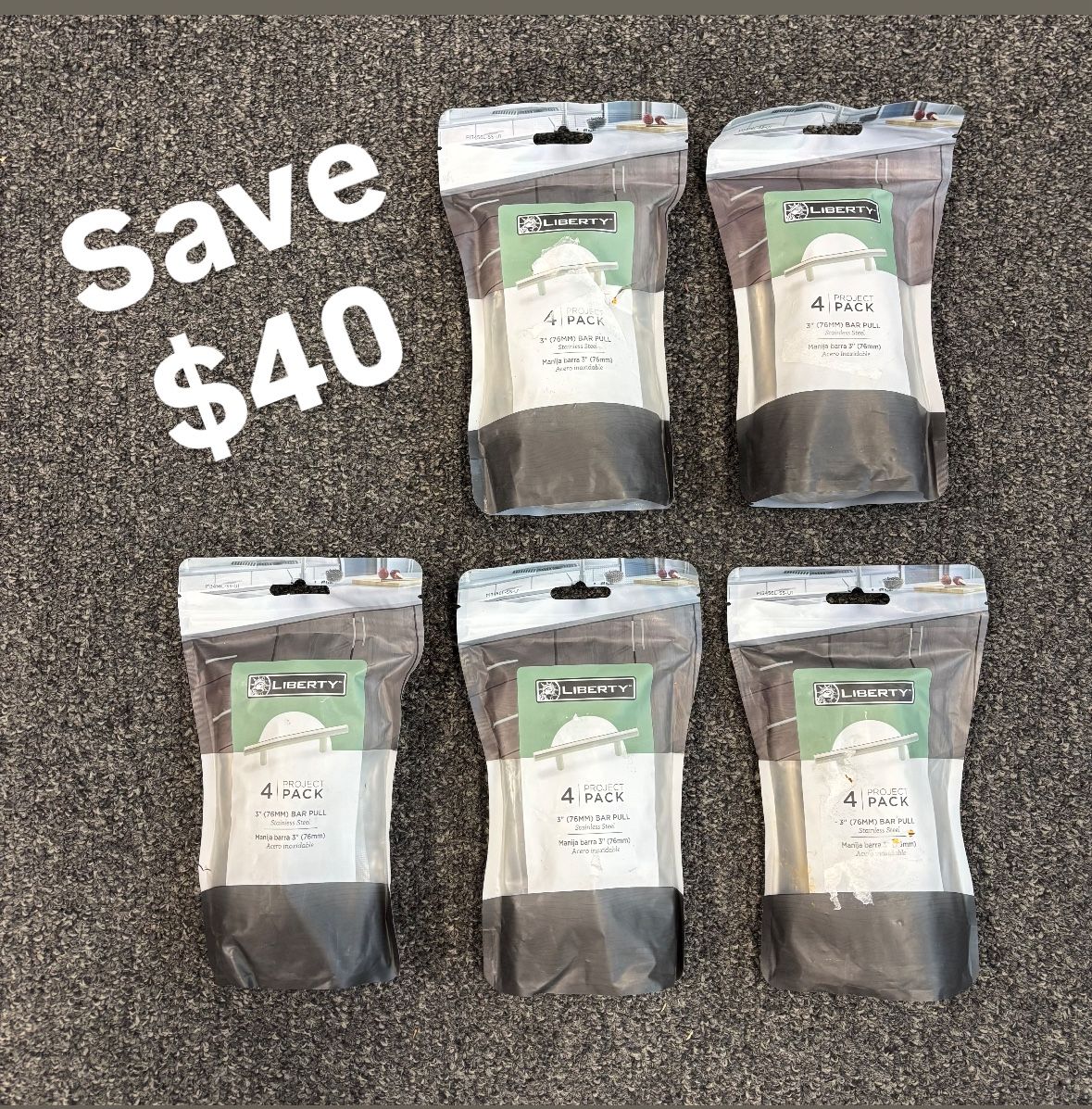 Liberty Door Pulls.. 3”. Stainless Steel. Retails $19.98/package (4 Per Package(Plus Tax = $21.78 X 5 Package = $109.00