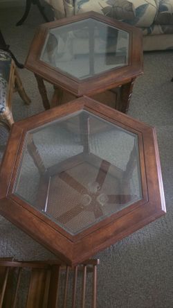 Hexagonal Wood and Glass Side Tables – Set of 2