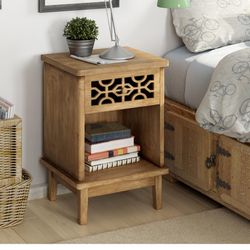 COZAYH Retro Rustic Nightstand Solid Fir End Table Side Table with Hand Carved Front and Open Shelf for Boho, French Country, Farmhouse Style, Natural