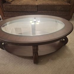 Traditional Wooden Coffee Table with Beveled Glass & Bottom Shelf