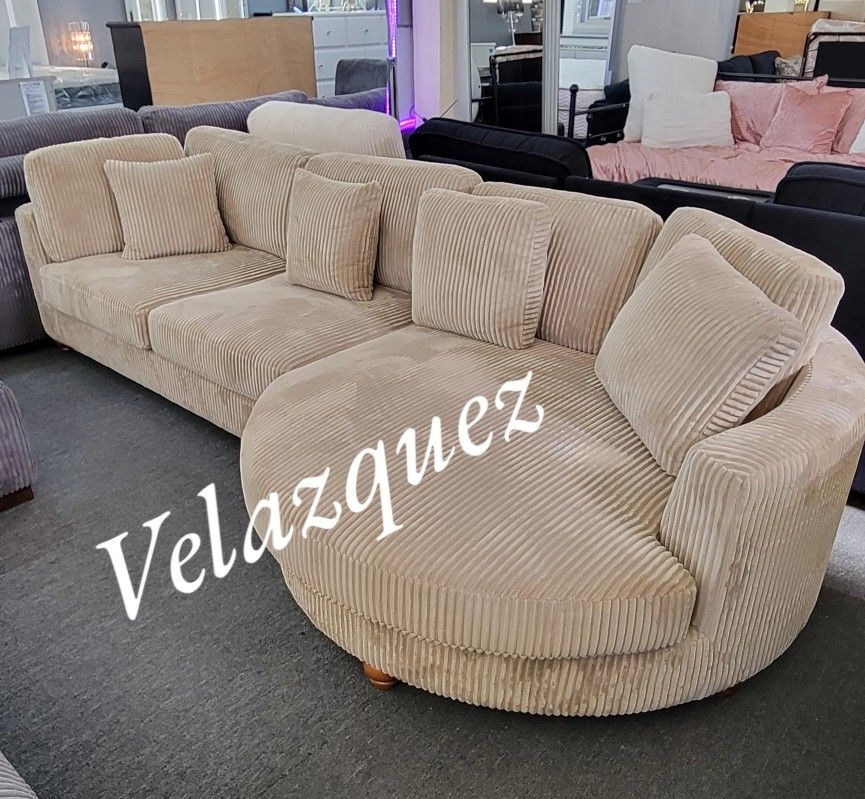 ✅️✅️2 pc camel corduroy fabric extra large sectional sofa with rounded cuddle chaise✅️✅️Quantity limit at this price✅️