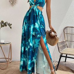 Women's Floral Print Ring Linked Backless • Split Thigh • Gold Chain Tie Back Sleeveless Maxi Dress