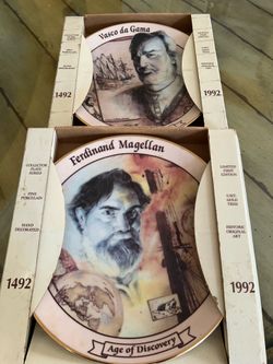 Vasco da Gama and Ferdinand Magellan collectible porcelain plates 8 inch trend and gold in the original boxes Vasco da Gama and Ferdinand Magellan col
