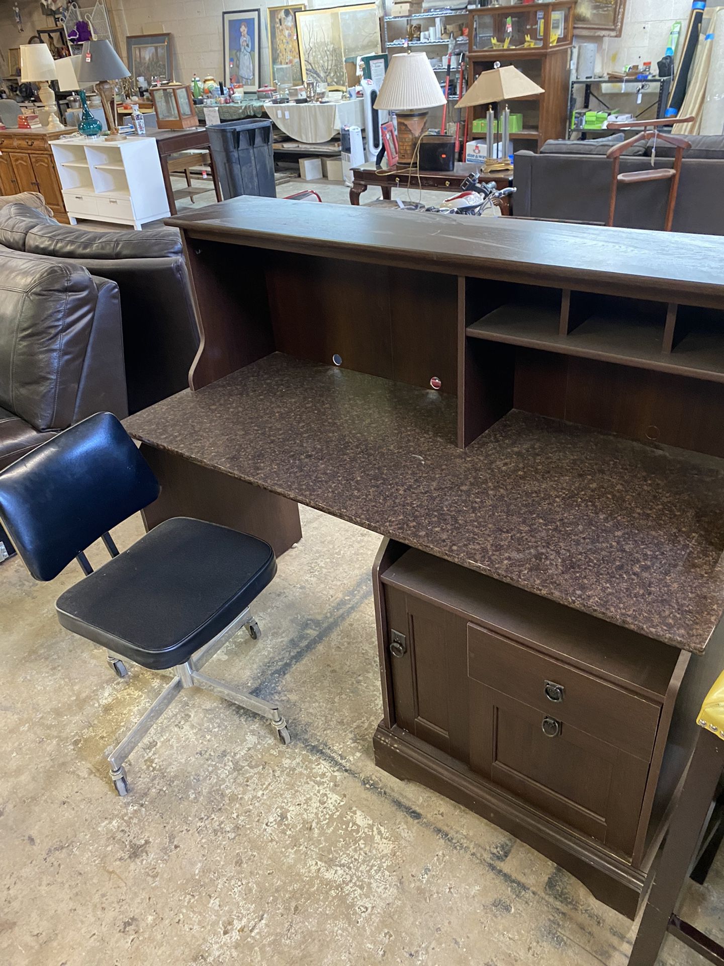 2 Tier Faux Marble And Wood Office Desk With Chair 