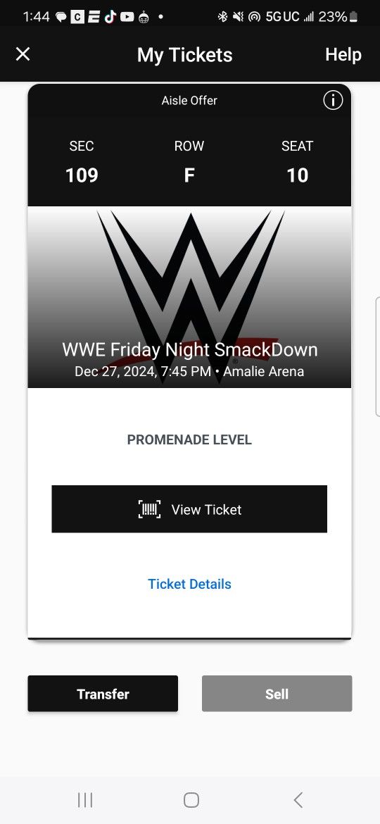 Wwe Smackdown 1 Ticket 12/27 Amelie Arena Tampa
