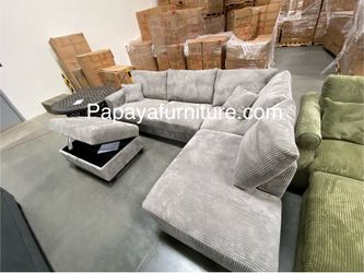 106” New Plush Gray Sectional, Sectional And Storage Ottoman, Sectionals, Sofa, Couch, Gray Couch, Grey Couch, Corduroy Sectional, USB Charger Sofa Di