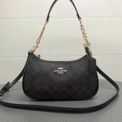 Coach CA548 Teri Shoulder Bag Signature Coated Canvas Black Brown New