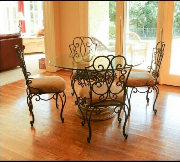 Dining Table set Wrought black iron with glass top Heavy sturdy 4 chairs Bombay