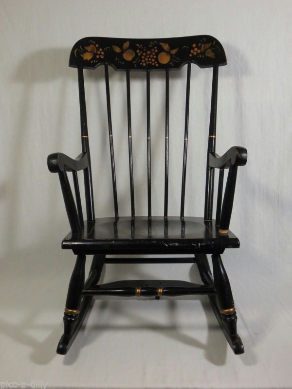 VINTAGE -CHILDS ROCKING CHAIR -PAINTED BLACK & GOLD FRUIT WOODEN -BOSTON ROCKER