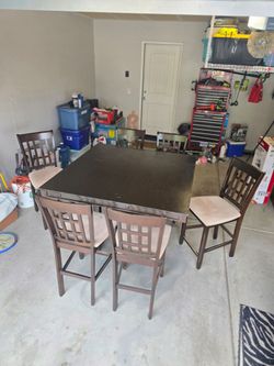 Tall Dining Table- 6 Chairs - Walnut/Cream Suede