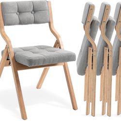 HOMEFUN Folding Chairs with Cushion, Wooden Padded Foldable Chair 4 Pack, Portable and Assembled Seat for Guests Kitchen Office Wedding and Party, Gra