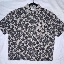 Sixth June Paris Floral Jacquard Boxy Button Up Shirt Beige Black Size Small