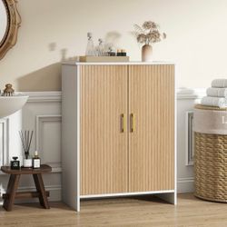 Modern White Storage Cabinet with Fluted Wood Doors