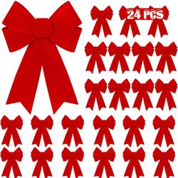 24 PCS Outdoor Christmas Bows, 9 x 12 in Large Christmas Bows, Red Velvet PVC Hanging Xmas Tree Decoration Indoor Xmas Decor for Party Wreath Fence Fi