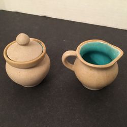 Vintage Pigeon Forge Pottery Textured Stoneware Cream Sugar Lid Blue Interior