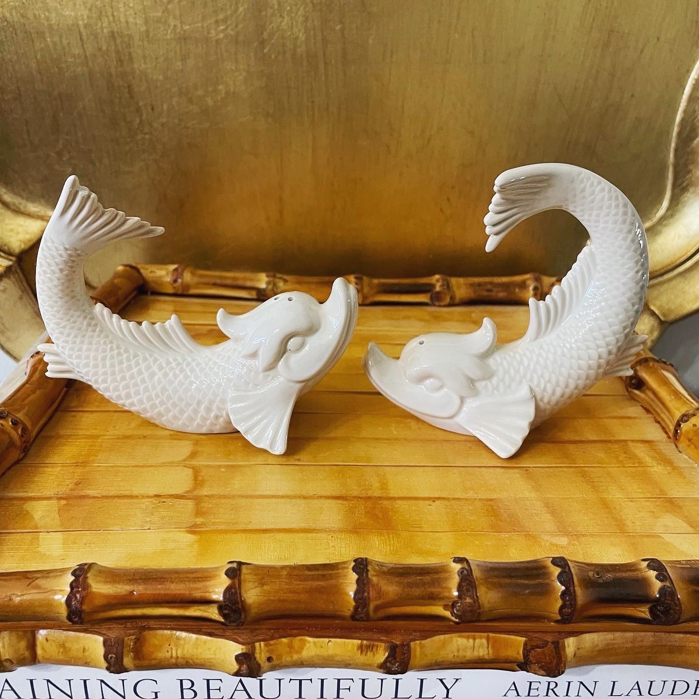 RARE Large Vtg Fitz & Floyd Koi/Chinese Dolphin Porcelain Salt and Pepper Set