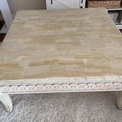 Elegant Carved Wood Coffee Table w/ Stone Top – 40” Square