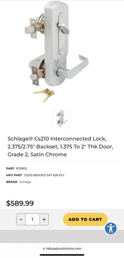 Schlage® Cs210 Interconnected Lock, 2.375/2.75" Backset, 1.375 To 2" Thk Door, Grade 2, Satin Chrome