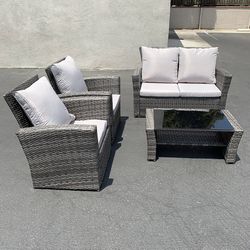(New) $295 Outdoor 4 Piece Wicker Rattan Funiture Set (Sofa, 2 Chair, Table) 