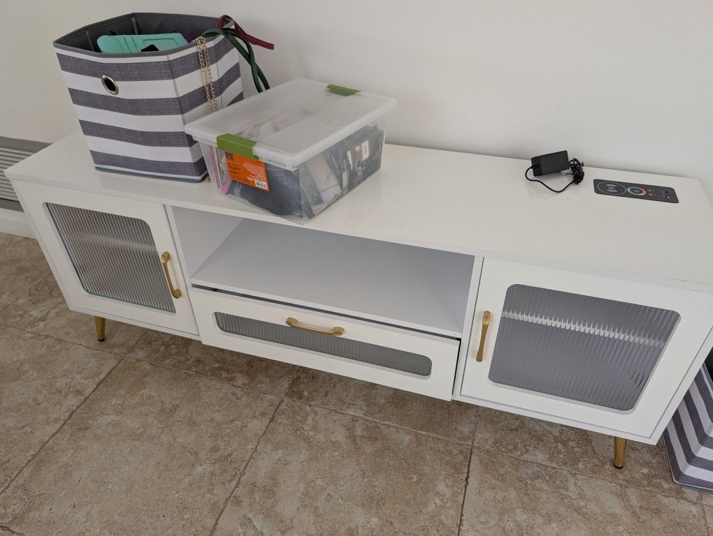 70" White Tv Console With 1 Drawer, 2 Cabinets And built In-shelf LED light Strips With changeable Colors