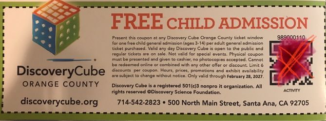 Free child admission Discover Cube coupon