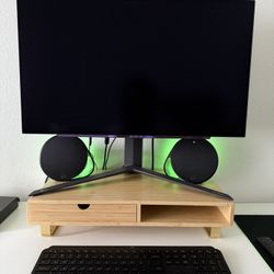 Bamboo Monitor Stand with Wireless Charging, Drawer & Storage – Threshold