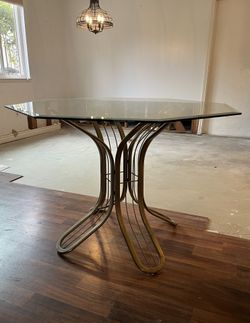 Vintage Mid Century Glass & Brass Dining Table, Italian Hollywood Regency, Octagonal Shape