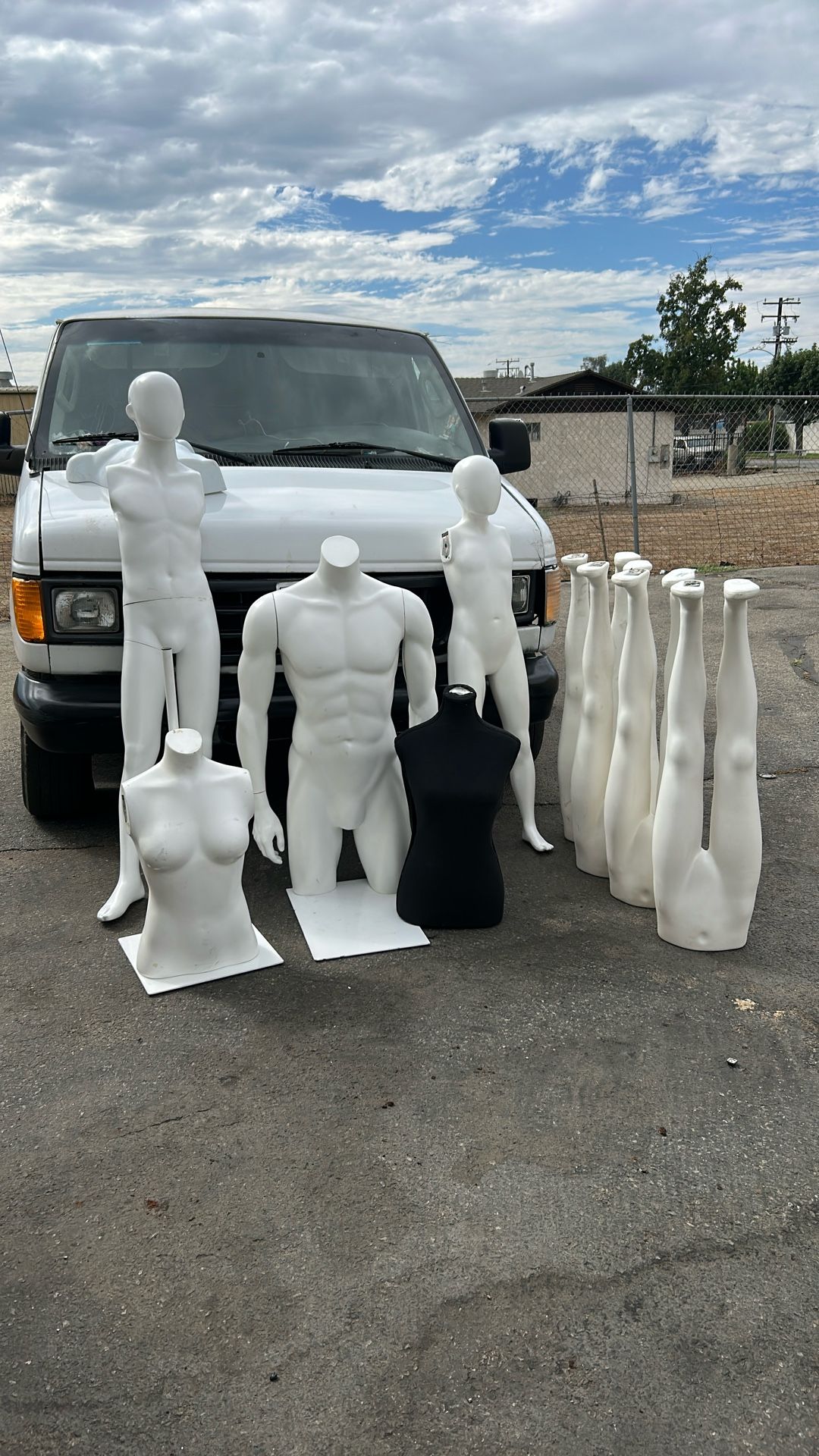 There’s three males torso, two full bodies, which is children and taller one male, half body two female have bodies, lower torso four of them for pant