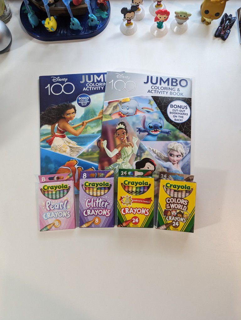 Disney 100th Anniversary Jumbo Coloring & Activity Books with Crayola Crayons Bundle - Inclusive Skin Tones, Pearl or Glitter Pack