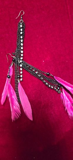 Pink Feather Drop Earrings with Chain Detail