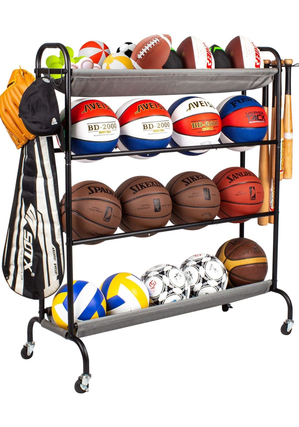 Sport Equipment Storage Cart with Wheels for Football, Volleyball, Soccer, Basketball