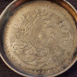 Antique vintage Brass trays / coasters with etched dragons