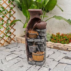 Rustic 4-Tier Cascading Waterfall Fountain with LED Lights – Brand New, Sealed