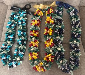 Handmade custom satin flower ribbon lei.