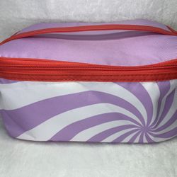 Spiral print cosmetic bag with zipper closure, featuring a purple and white design.