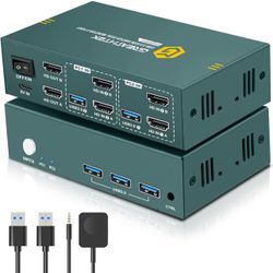 HDMI KVM Switch 2 Monitors 2 Computers 4K@60Hz, USB3.0 KVM Switch Dual Monitor with 3 USB 3.0 Ports Sharing Keyboard and Mouse, Printer/Scanner, Deskt