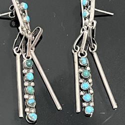 Zuni Petit Point Turquoise Dangle Earrings: Sterling Silver, Handmade