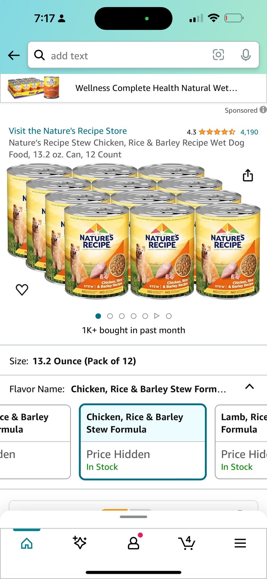 Nature’s Recipe Stew Chicken, Rice & Barley Recipe Wet Dog Food, 13.2 oz. Can, 12 Count $25